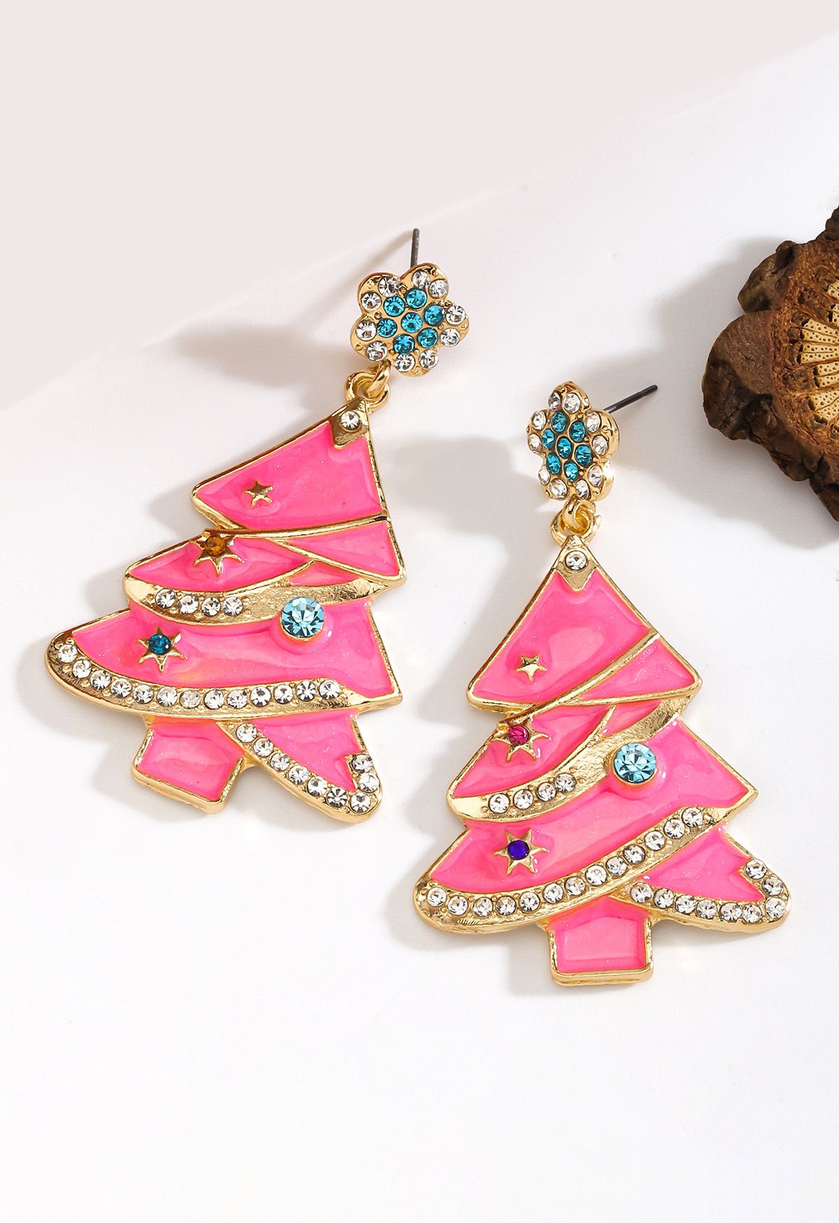 Shiny Pink Christmas Tree Earrings