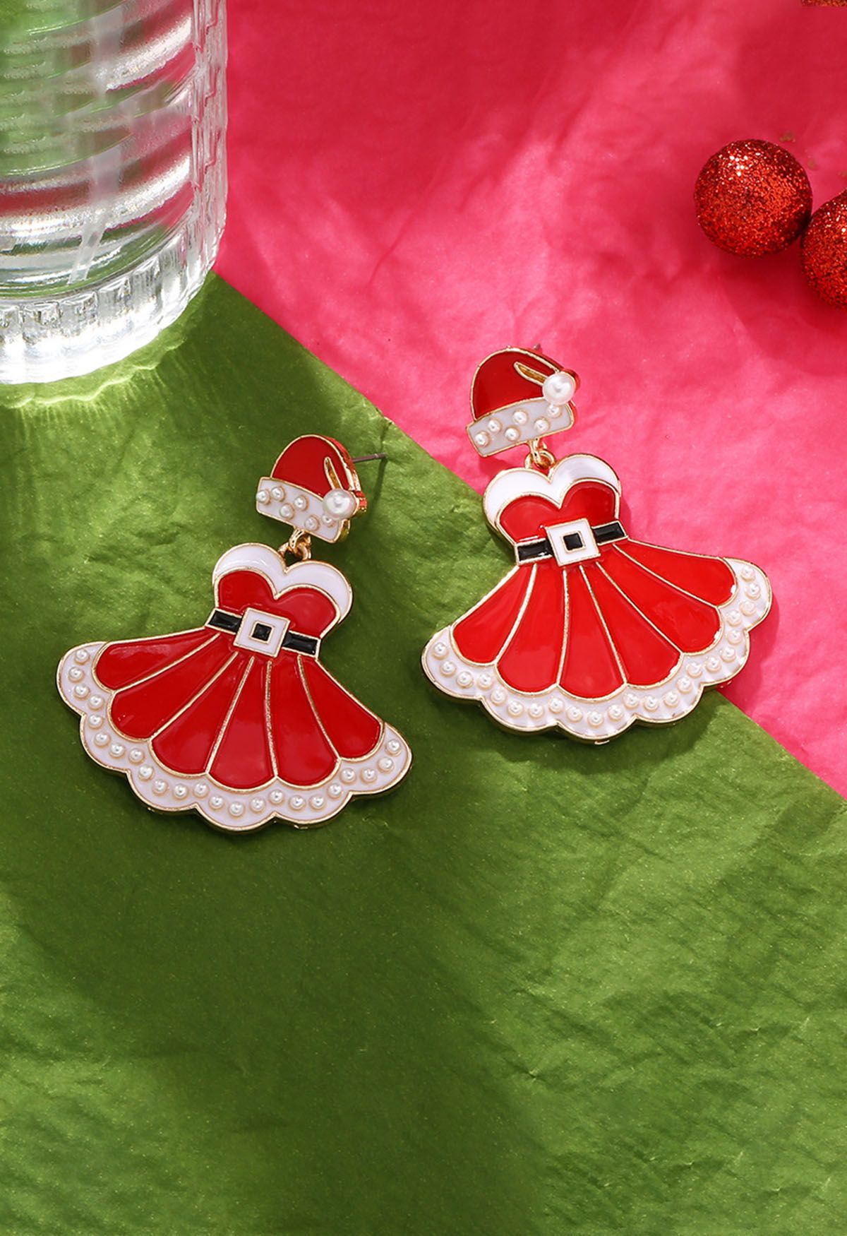 Pearl Christmas Dress Enamel Earrings