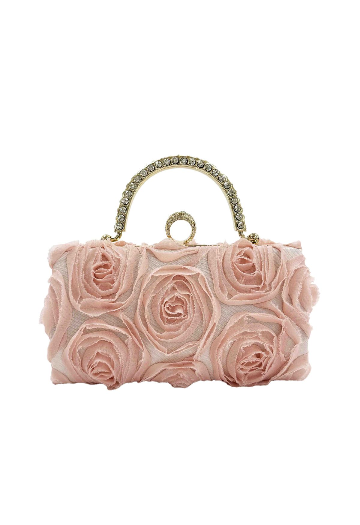 Opulent Rose Rhinestone Handle Clutch in Pink