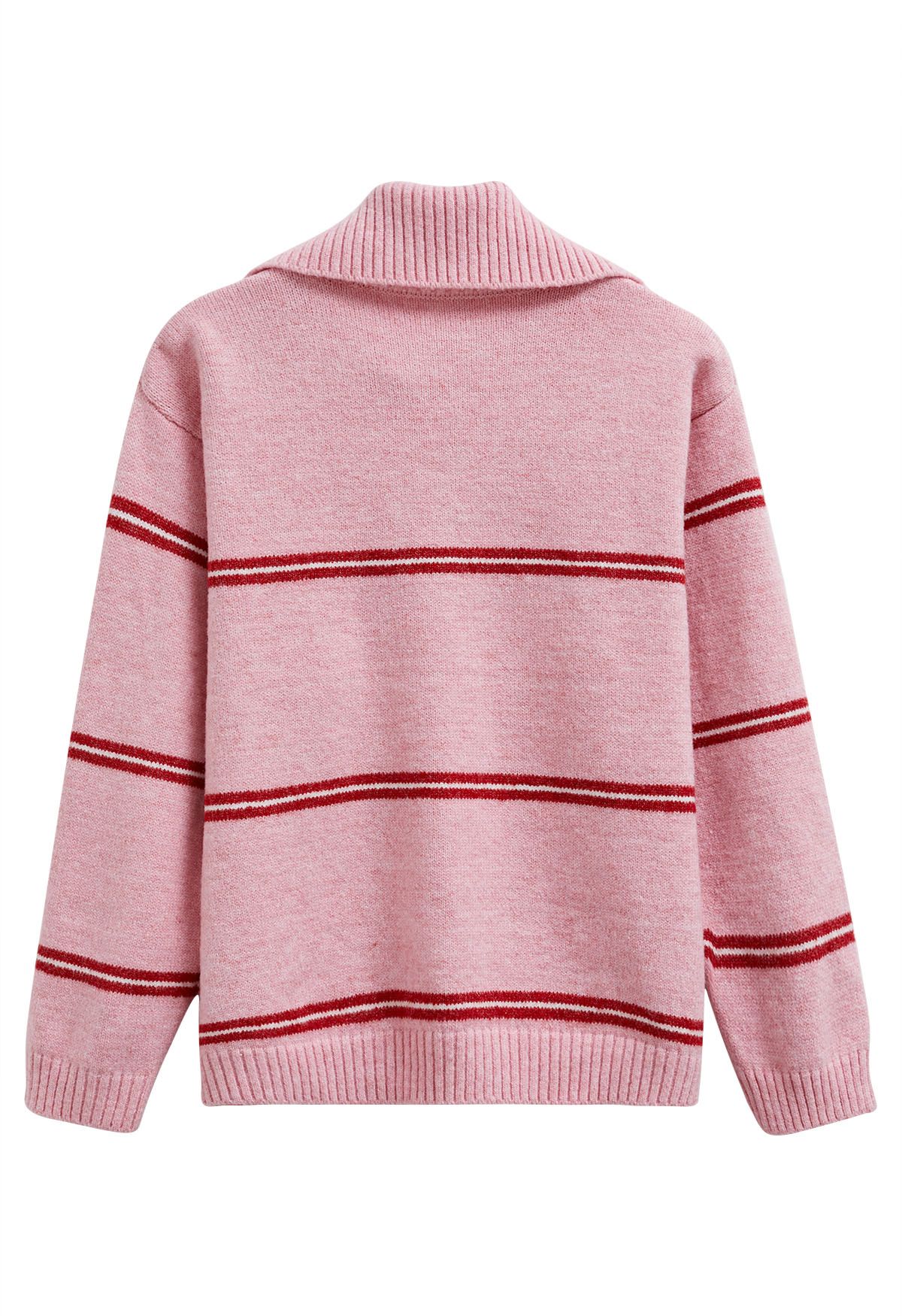 Sporty Stripes Half-Zip Collar Knit Sweater in Pink