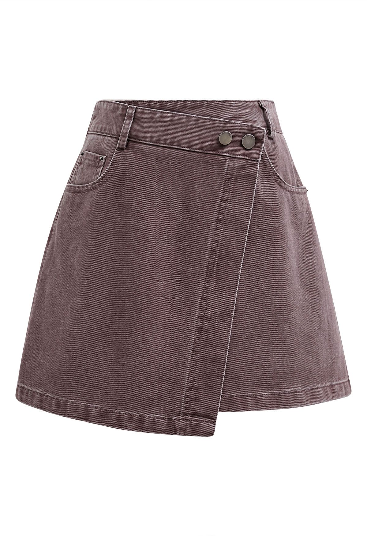 Double-Buttoned Flap Denim Mini Skirt in Plum