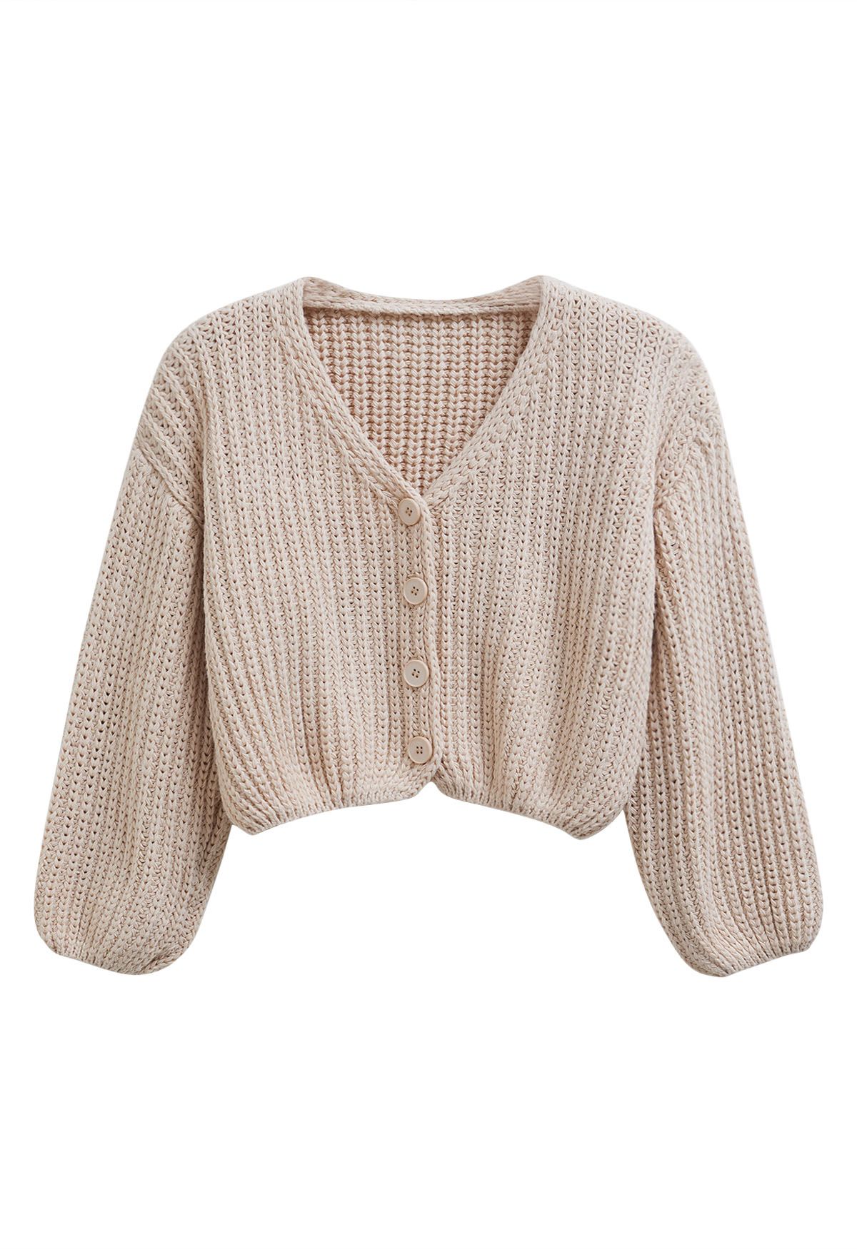 Hand-Knit Drop-Shoulder Buttoned Crop Cardigan in Light Pink