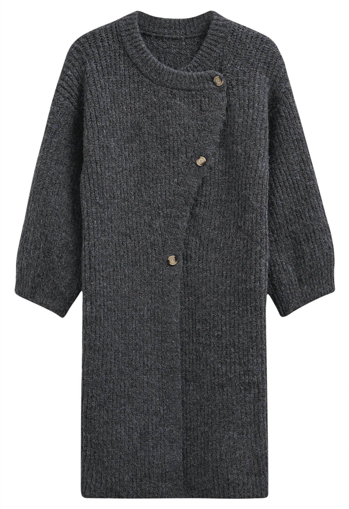 Warmth Wrapped Asymmetric Buttoned Knit Longline Cardigan in Smoke