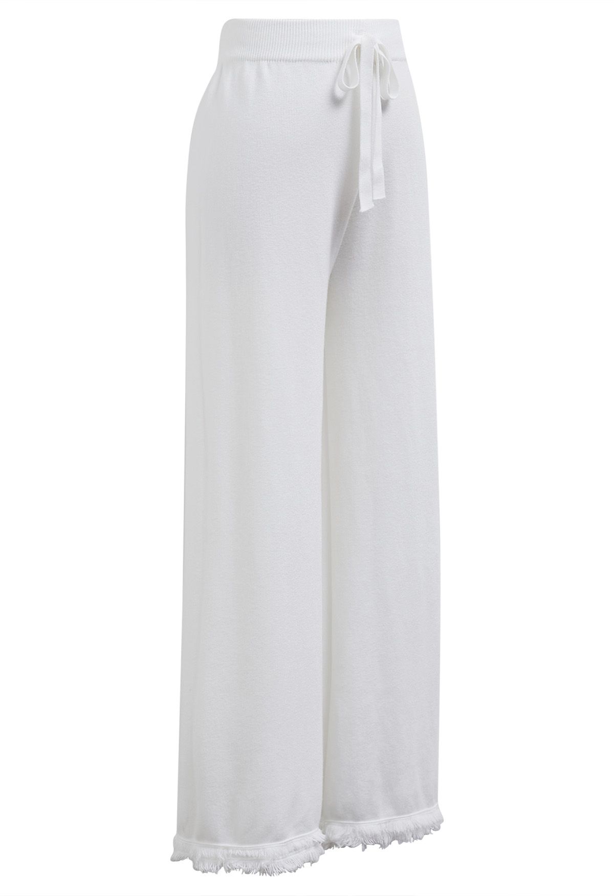 Casual Tie-String Fringed Knit Pants in White