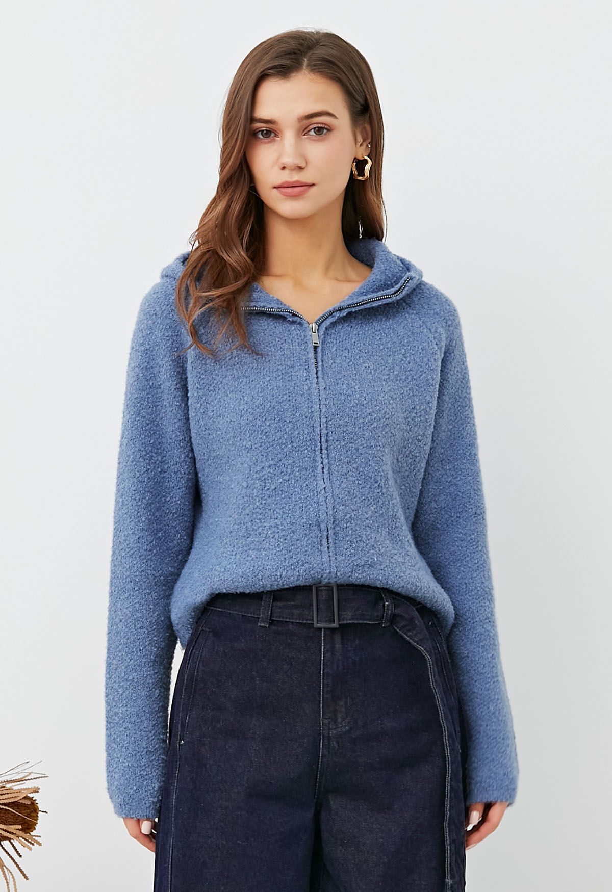 Winter Essentials Hooded Zip-Up Knit Cardigan in Blue