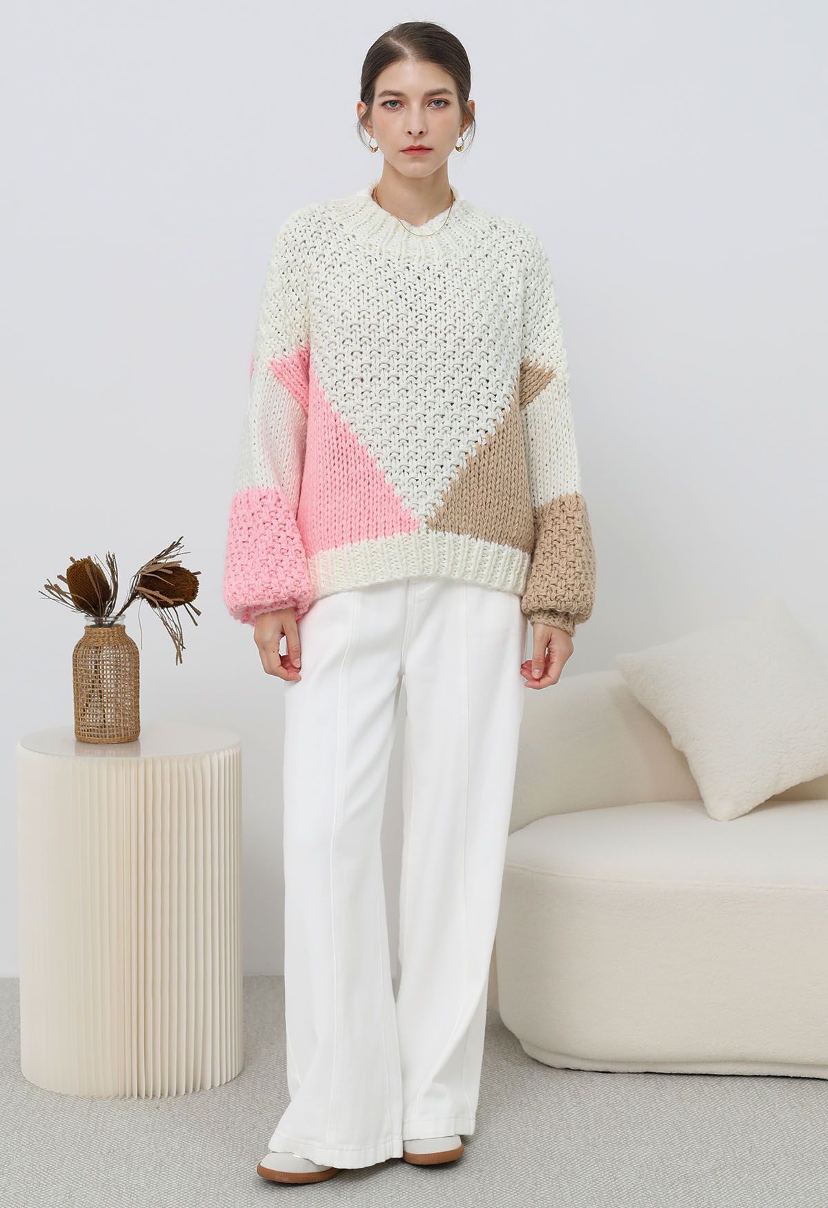 Geometric Color Block Chunky Hand-Knit Sweater