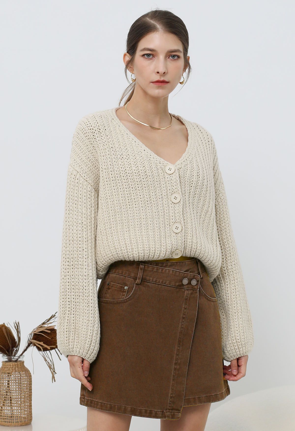 Hand-Knit Drop-Shoulder Buttoned Crop Cardigan in Ivory