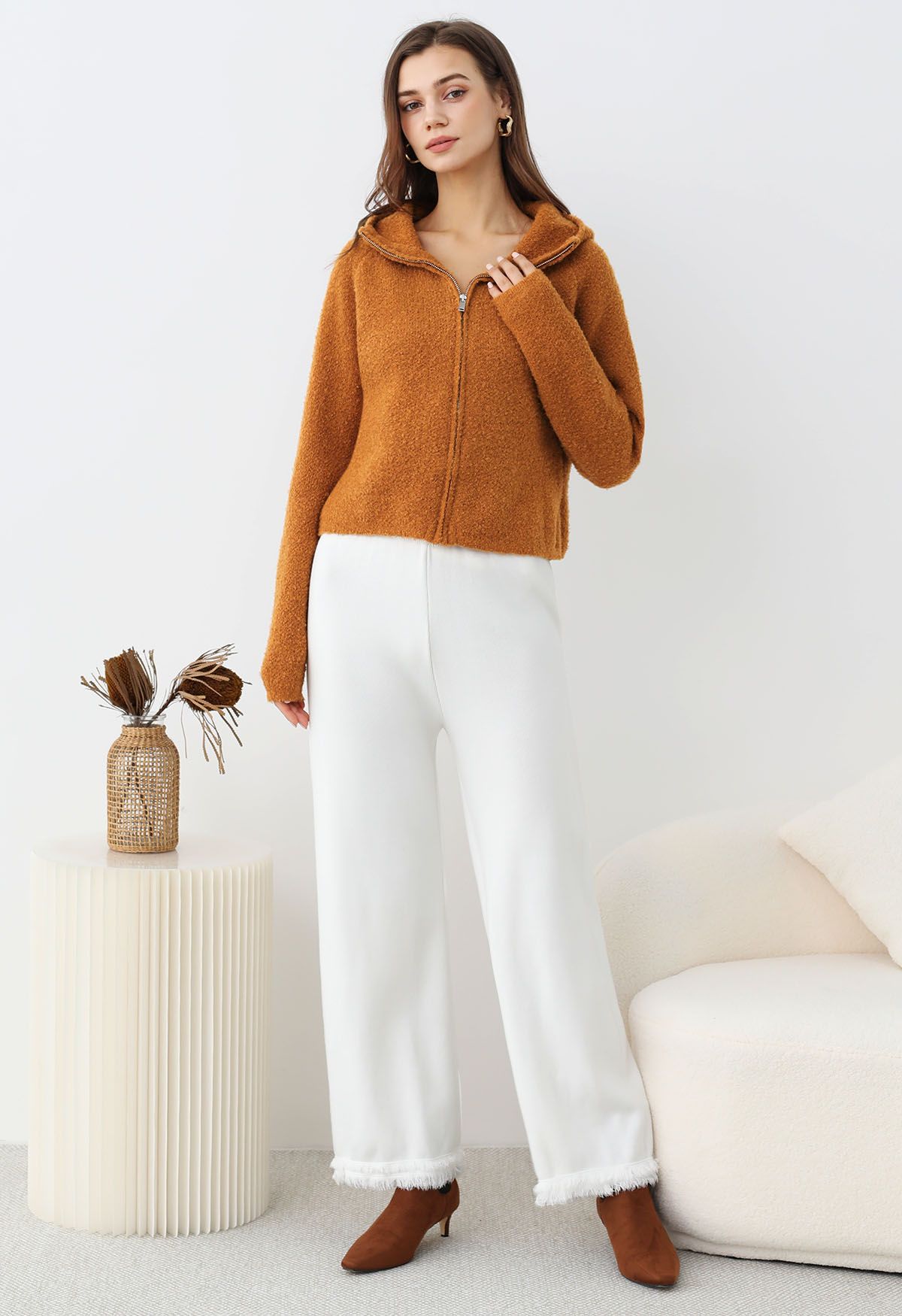 Casual Tie-String Fringed Knit Pants in White