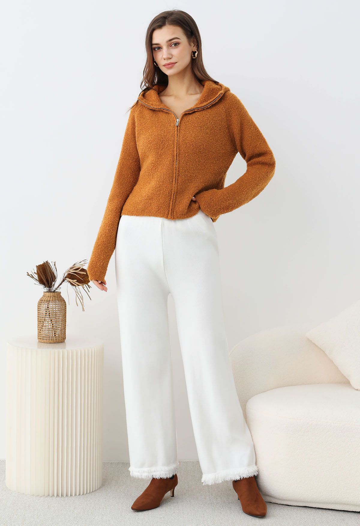 Casual Tie-String Fringed Knit Pants in White