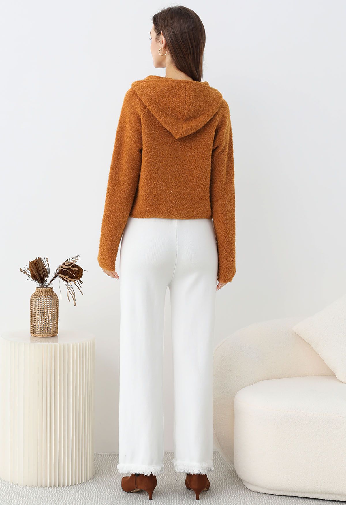 Casual Tie-String Fringed Knit Pants in White