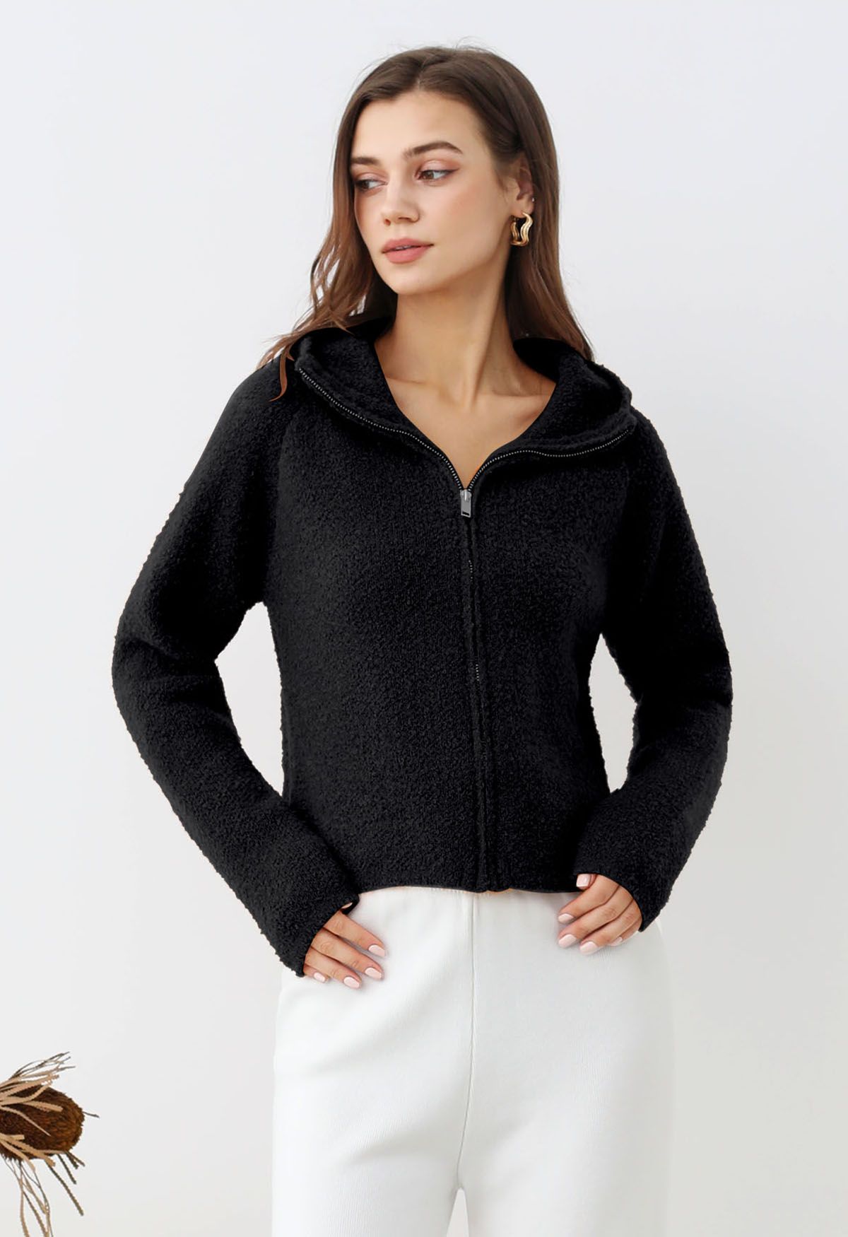 Winter Essentials Hooded Zip-Up Knit Cardigan in Black