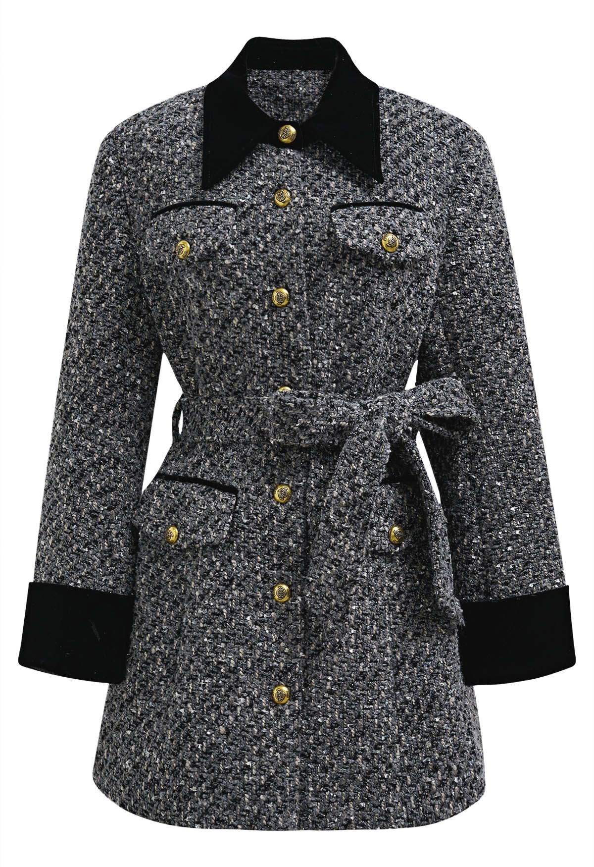 Glitter Velvet Spliced Tweed Buttoned Blazer Dress in Grey