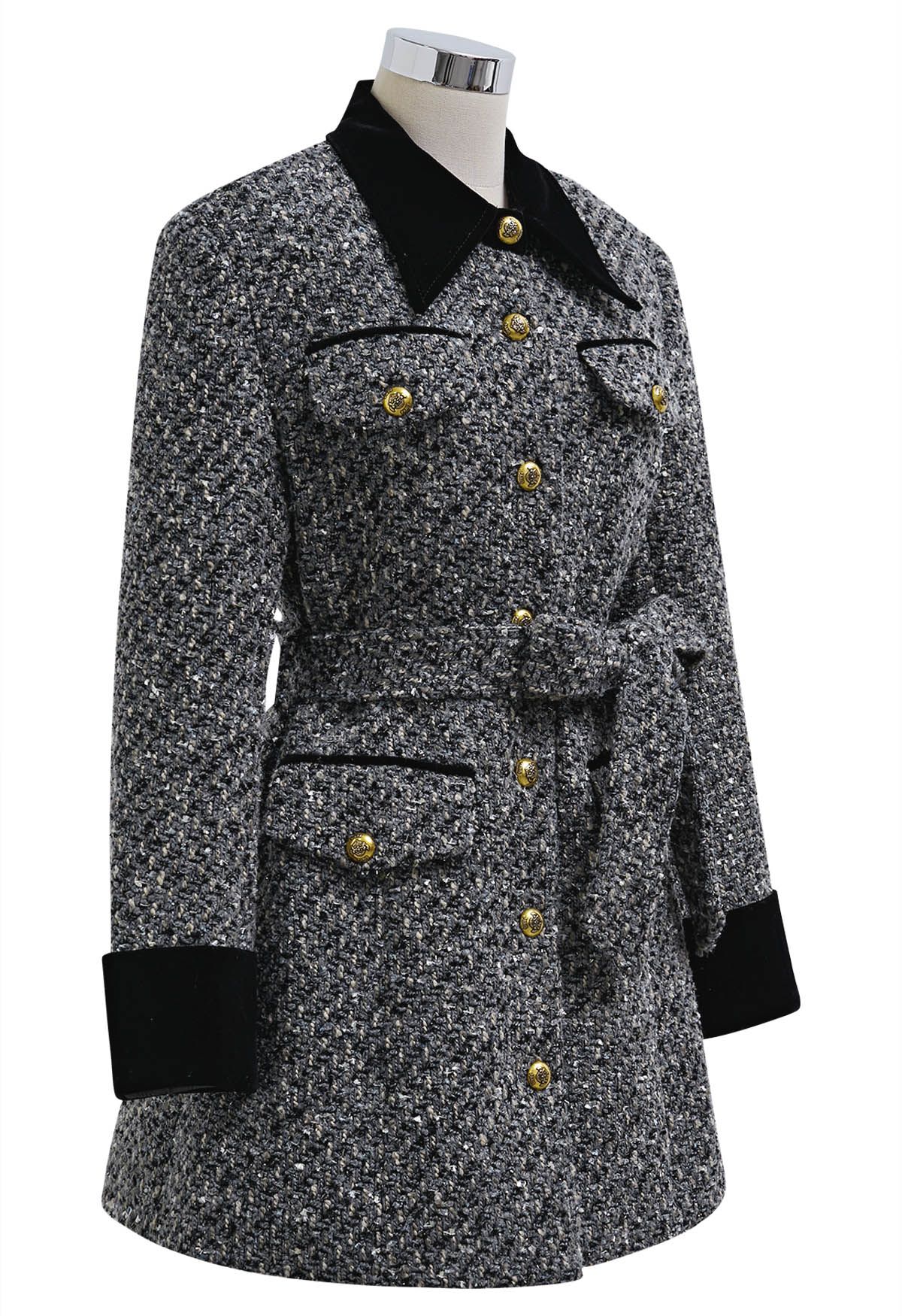 Glitter Velvet Spliced Tweed Buttoned Blazer Dress in Grey