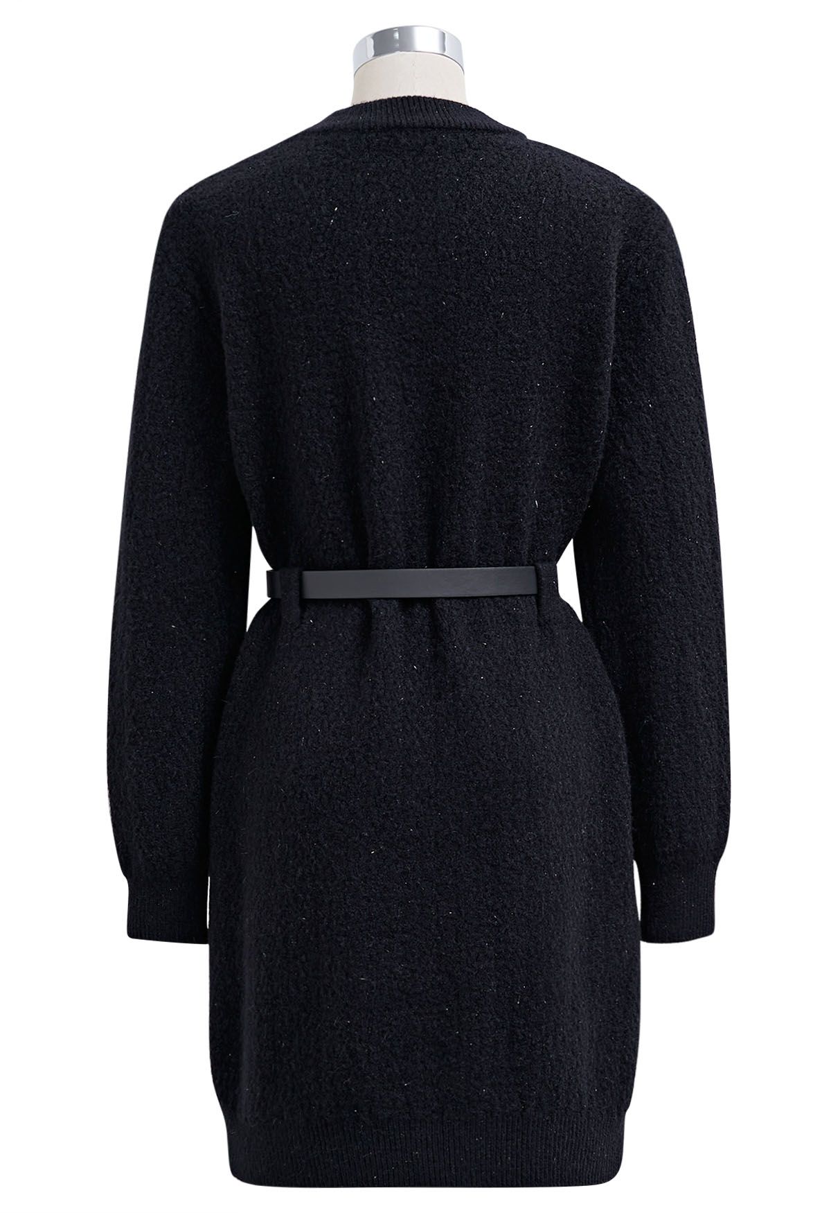 Patch Pocket Belted Mini Sweater Dress in Black