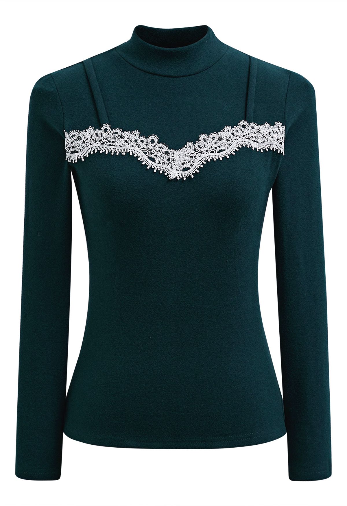 بلوزة Tender Touch Crochet Trim Mock Neck باللون الأخضر الداكن