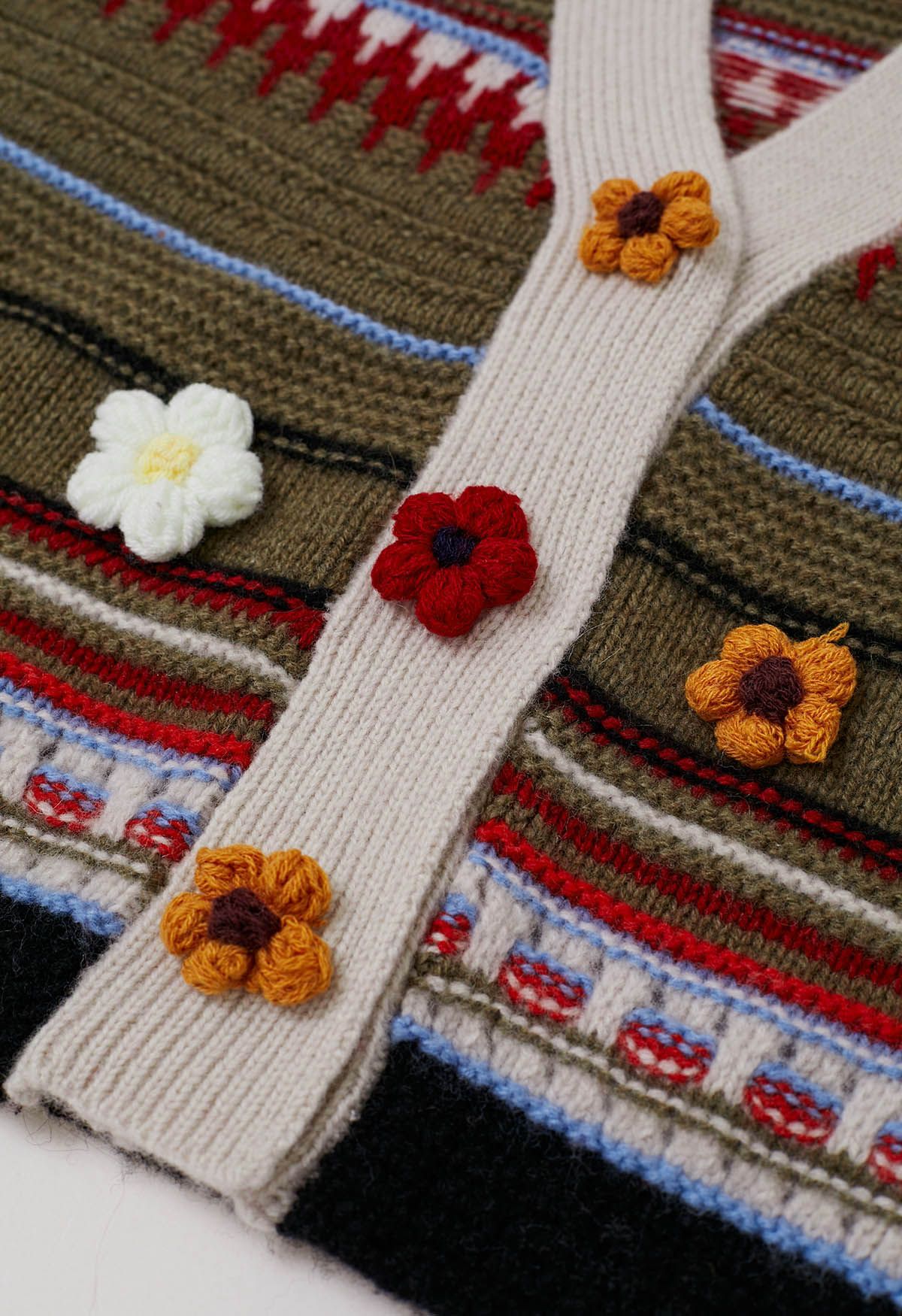 كارديجان من الصوف من مجموعة Stitch Flowers Fair Isle باللون الأخضر العسكري