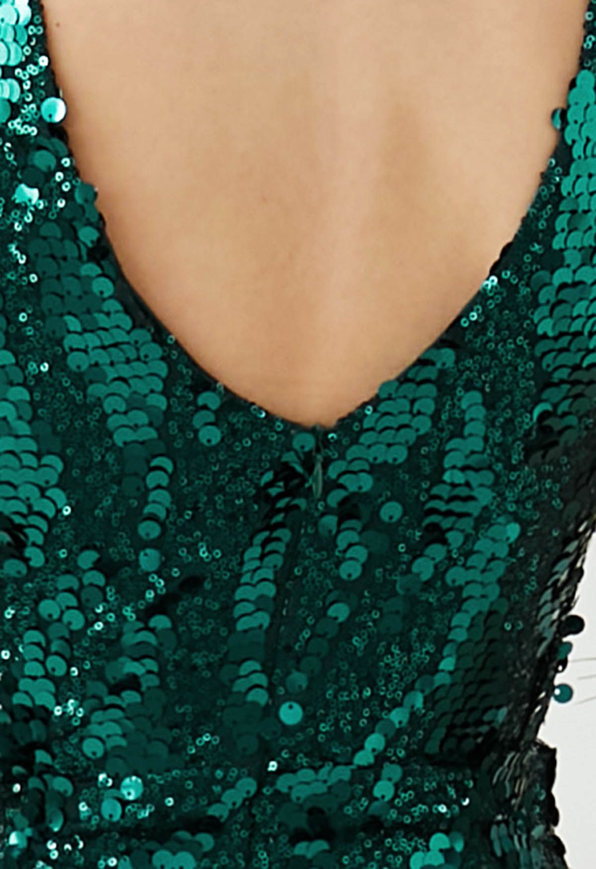 Iridescent Sequin V-Neck Mermaid Sleeveless Gown in Emerald