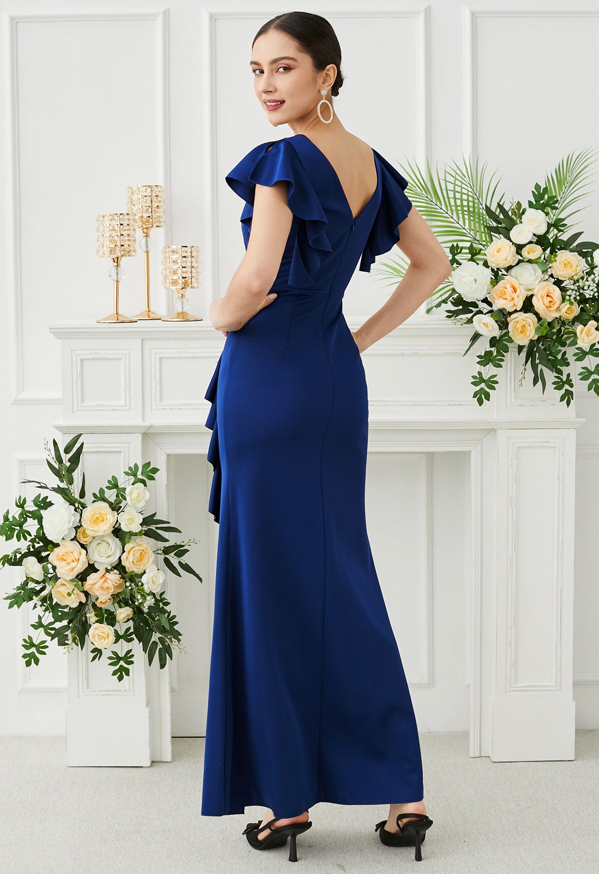 Cascade Ruffle Split Front Sleek Gown in Navy