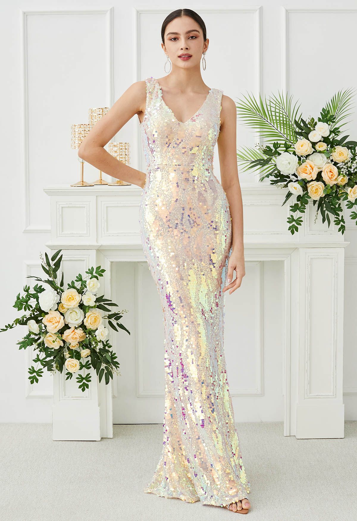 Iridescent Sequin V-Neck Mermaid Sleeveless Gown in Cream