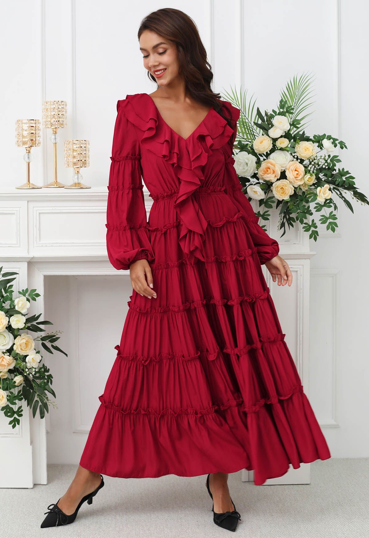 Dramatic Tiered Ruffles V-Neck Maxi Dress in Red