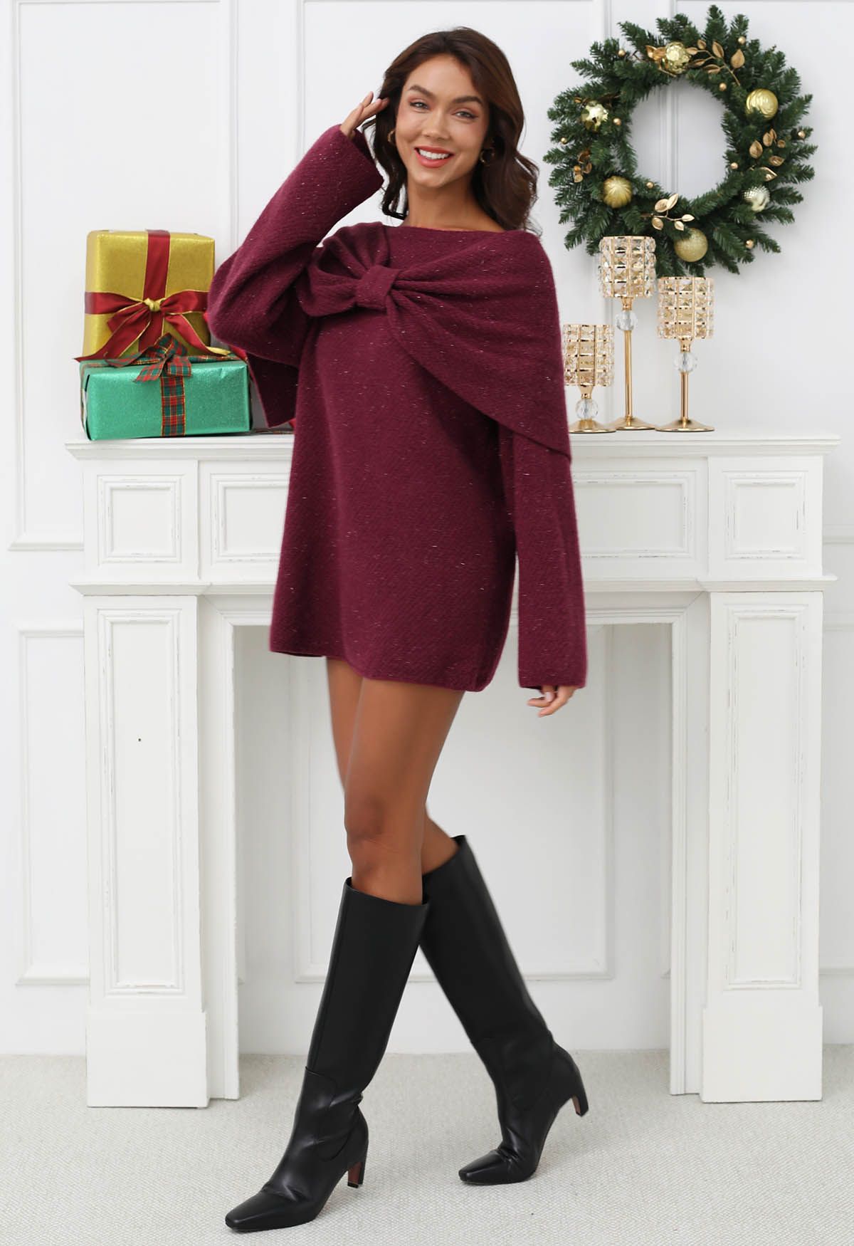 Bowknot 2 Pieces Metallic Mix Knit Sweater Dress in Plum