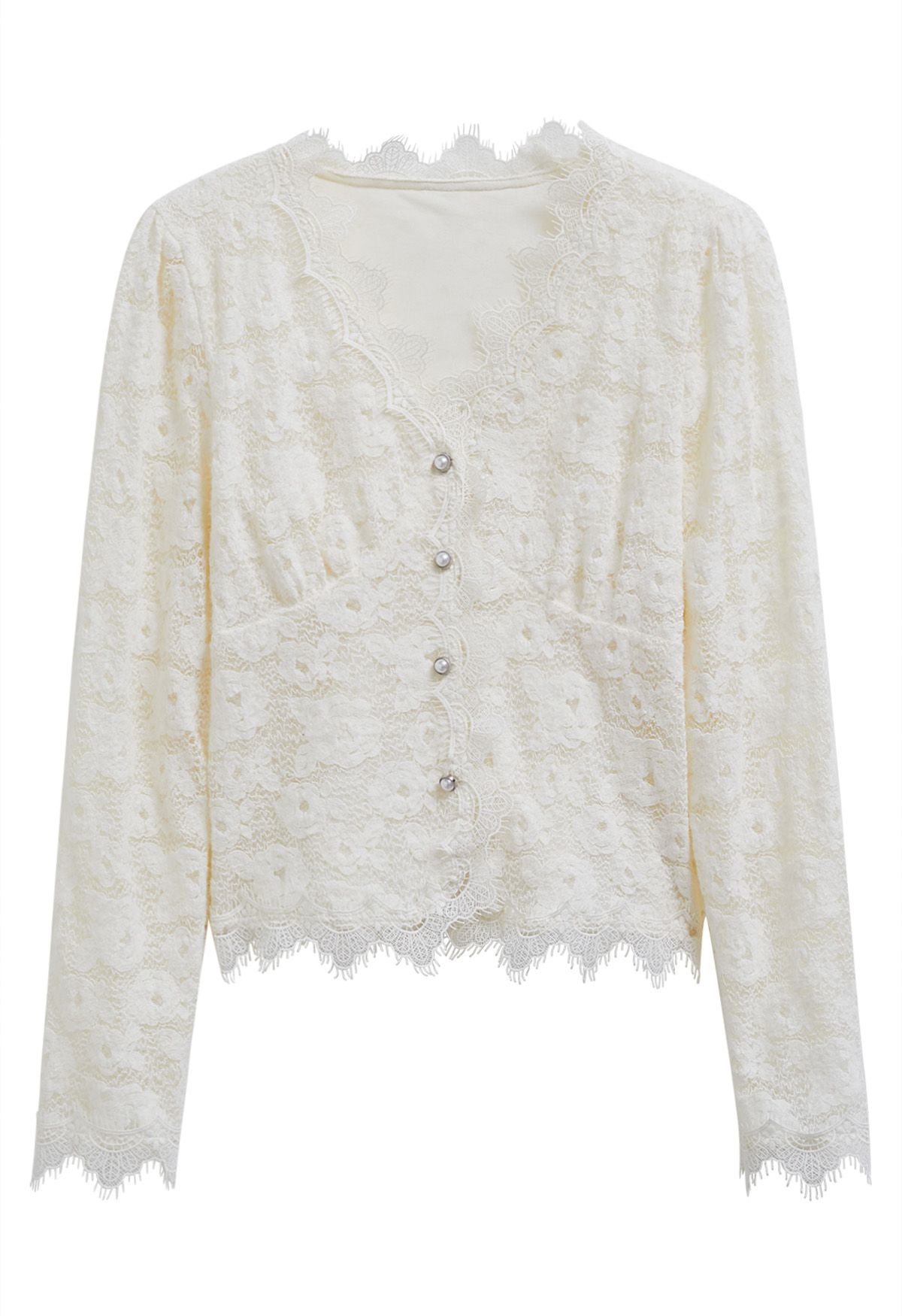 Full Floral Lace Button Up Top in Cream