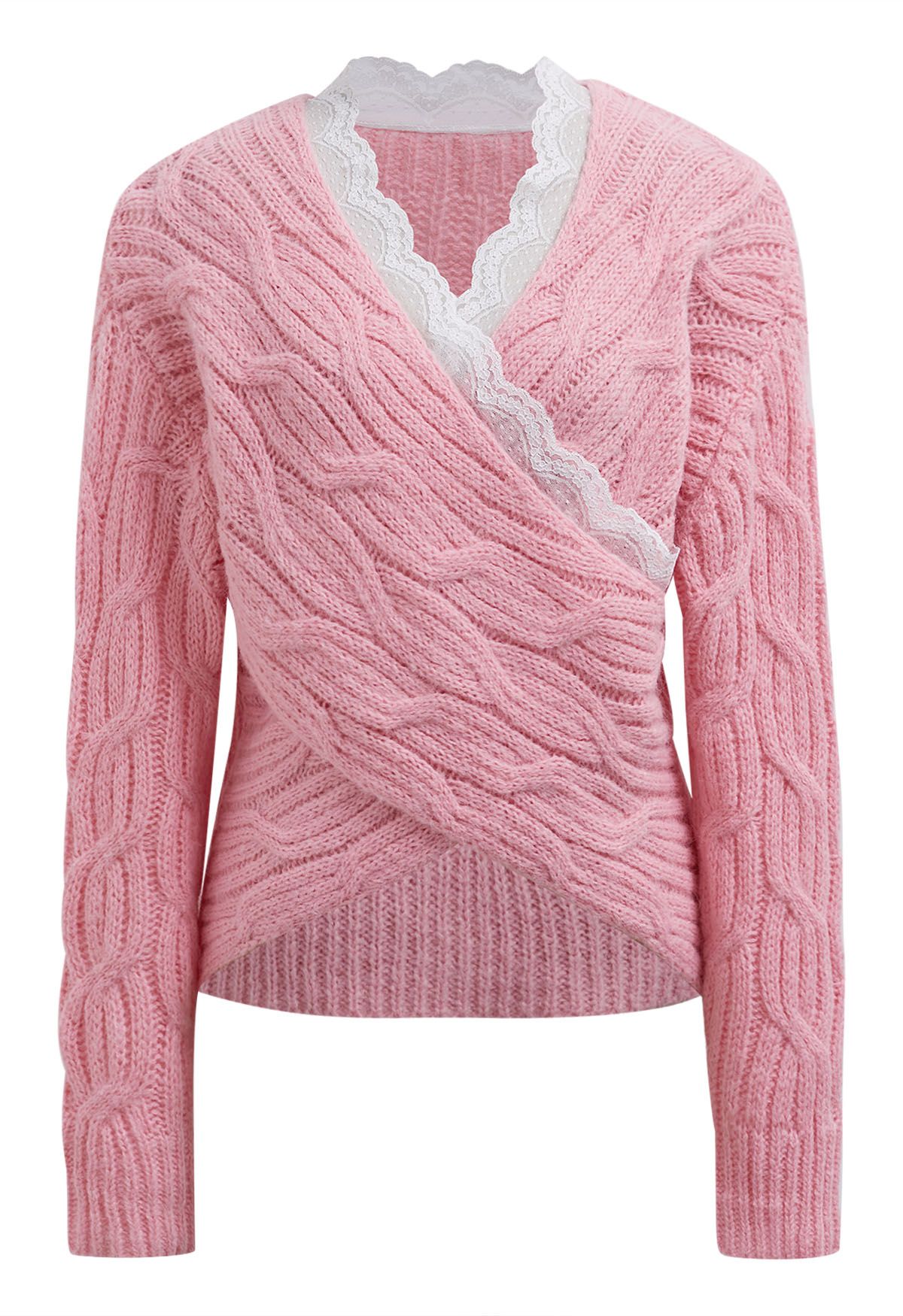 Lace Trim Crisscross Cable-Knit Sweater in Pink