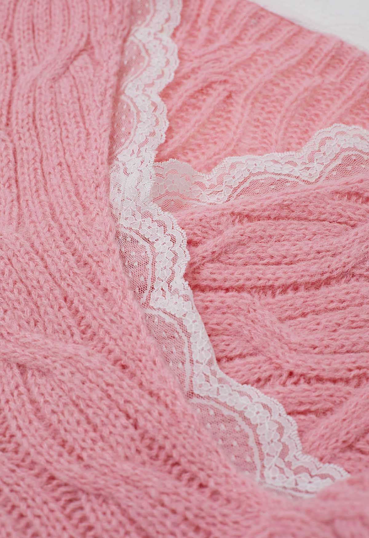 Lace Trim Crisscross Cable-Knit Sweater in Pink