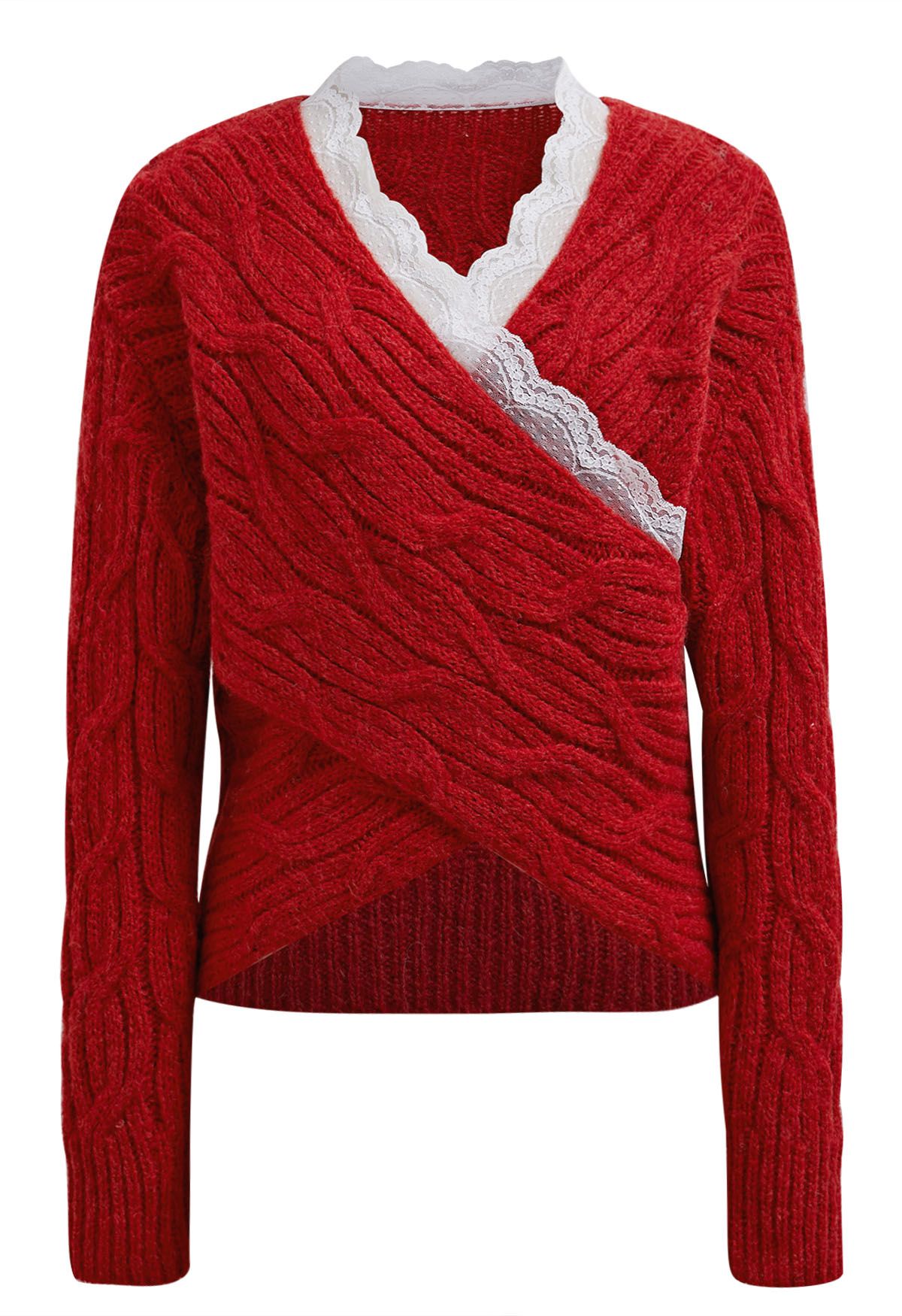 Lace Trim Crisscross Cable-Knit Sweater in Red