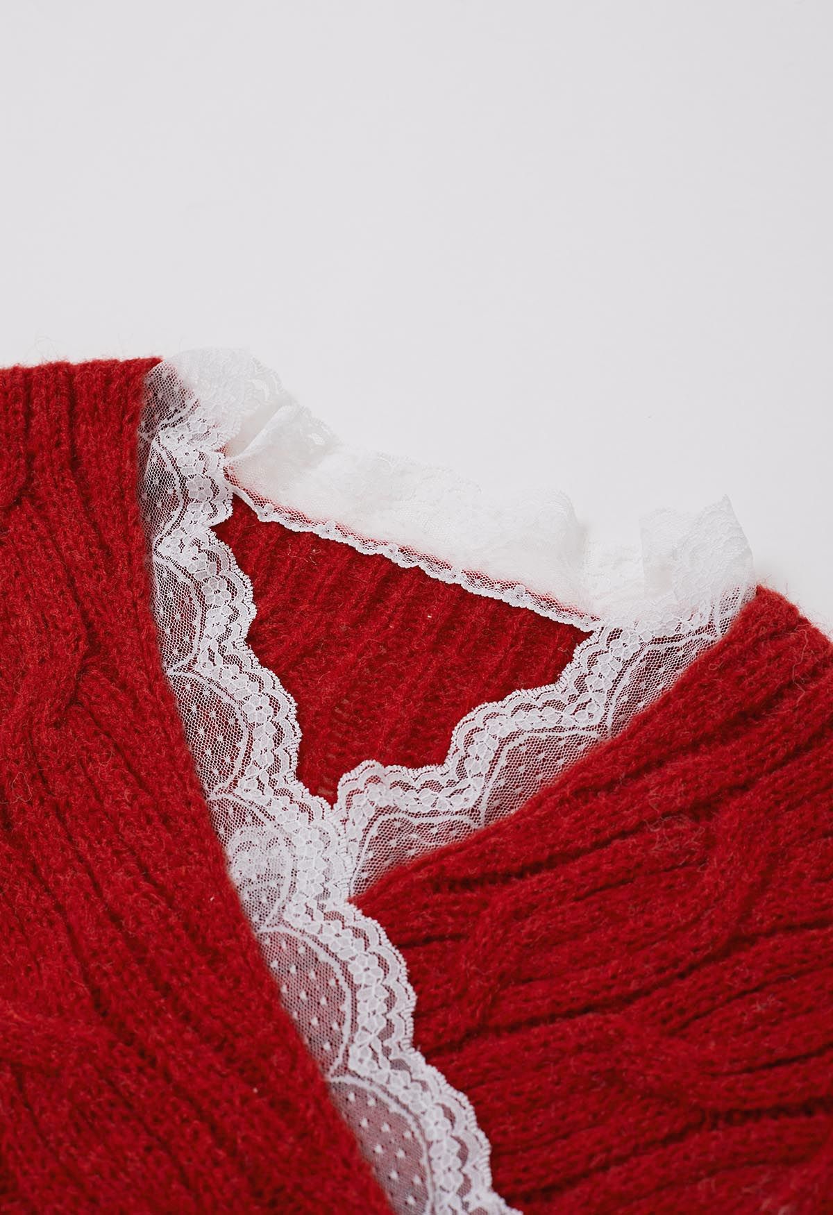 Lace Trim Crisscross Cable-Knit Sweater in Red