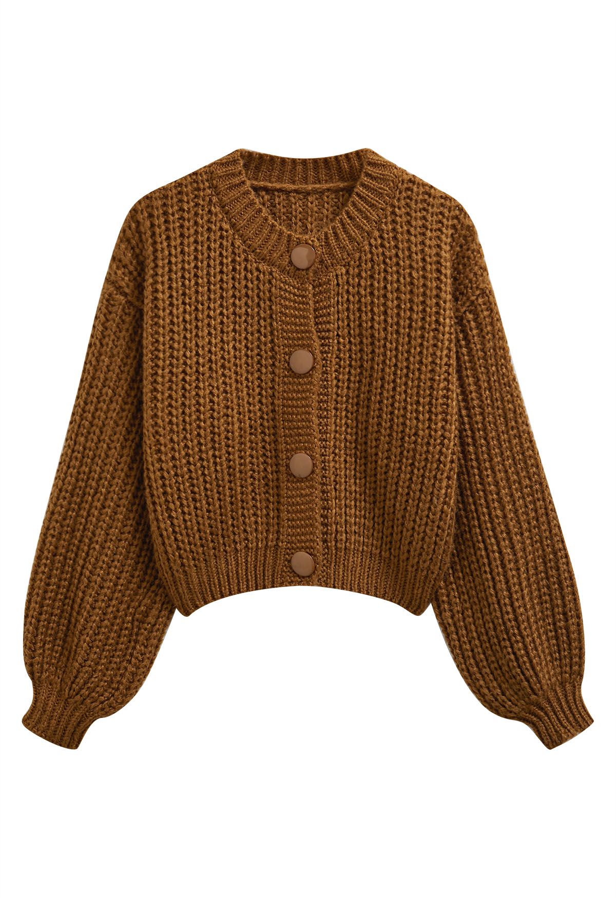 Puff Sleeves Buttoned Crop Chunky Knit Cardigan in Brown