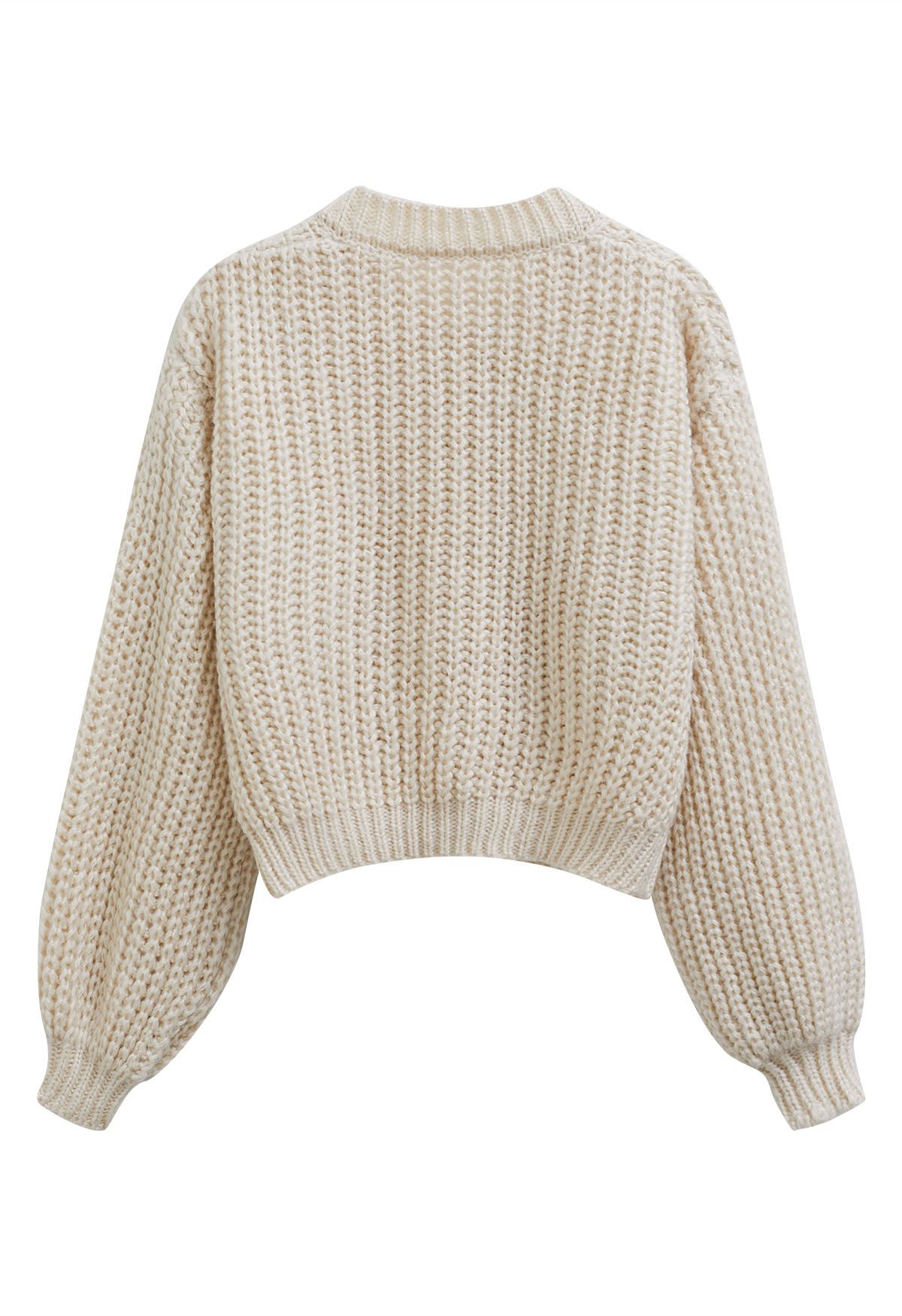 Puff Sleeves Buttoned Crop Chunky Knit Cardigan in Cream