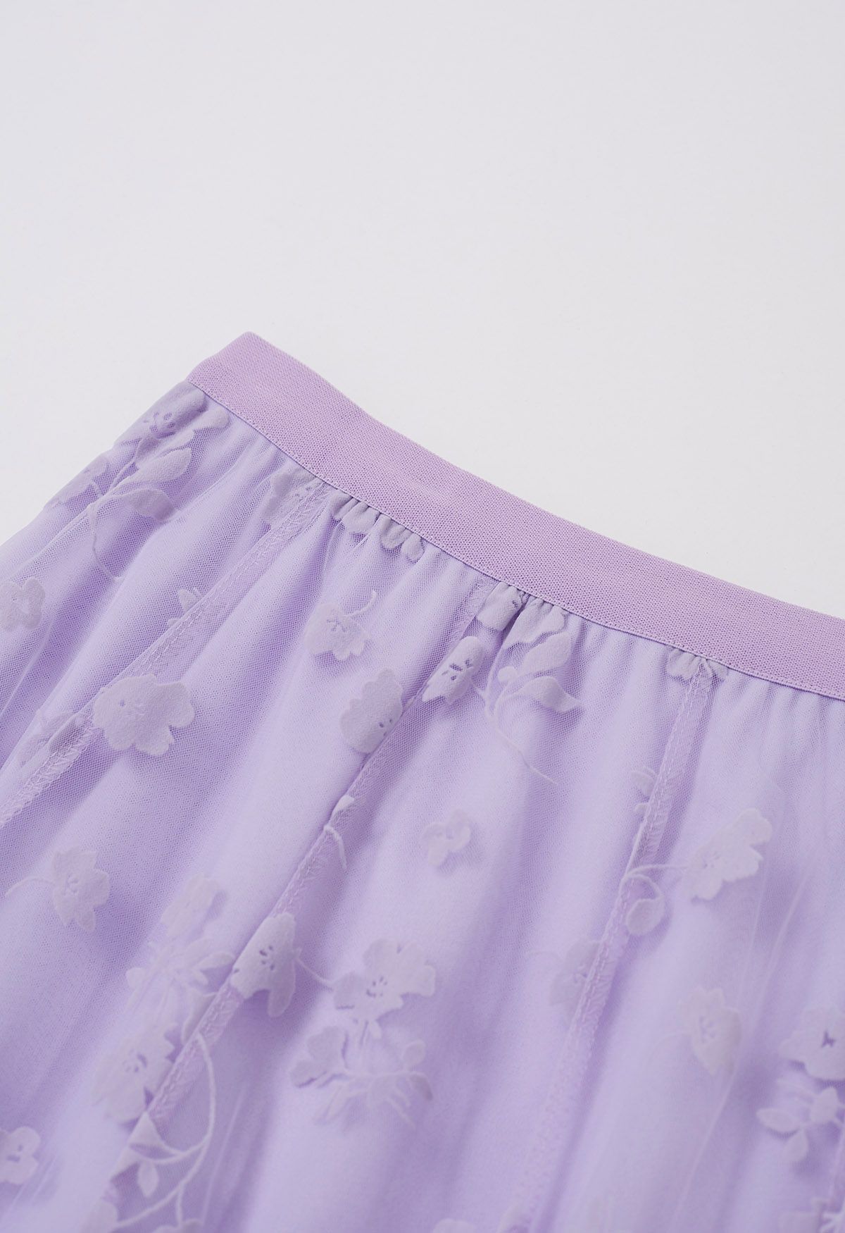 3D Posy Double-Layered Mesh Midi Skirt in Lavender