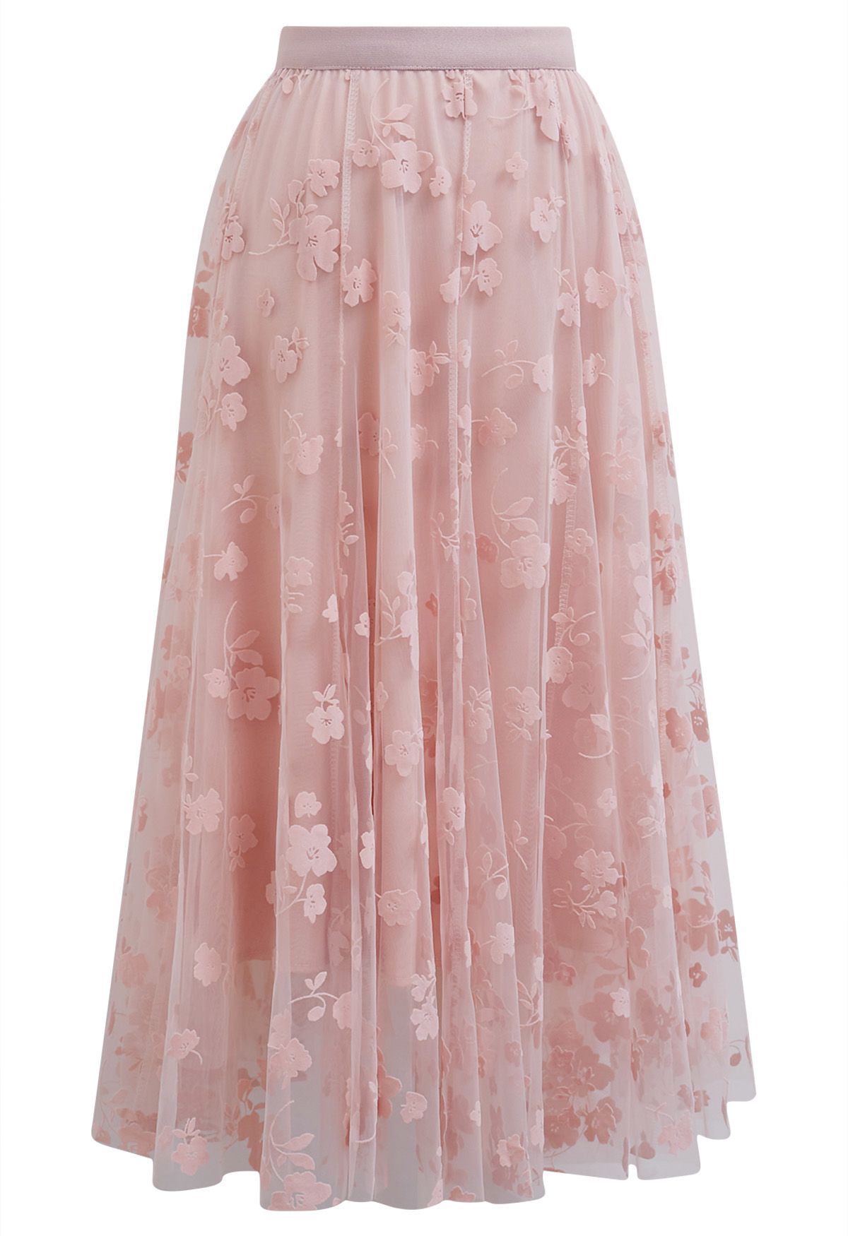 3D Posy Double-Layered Mesh Midi Skirt in Pink