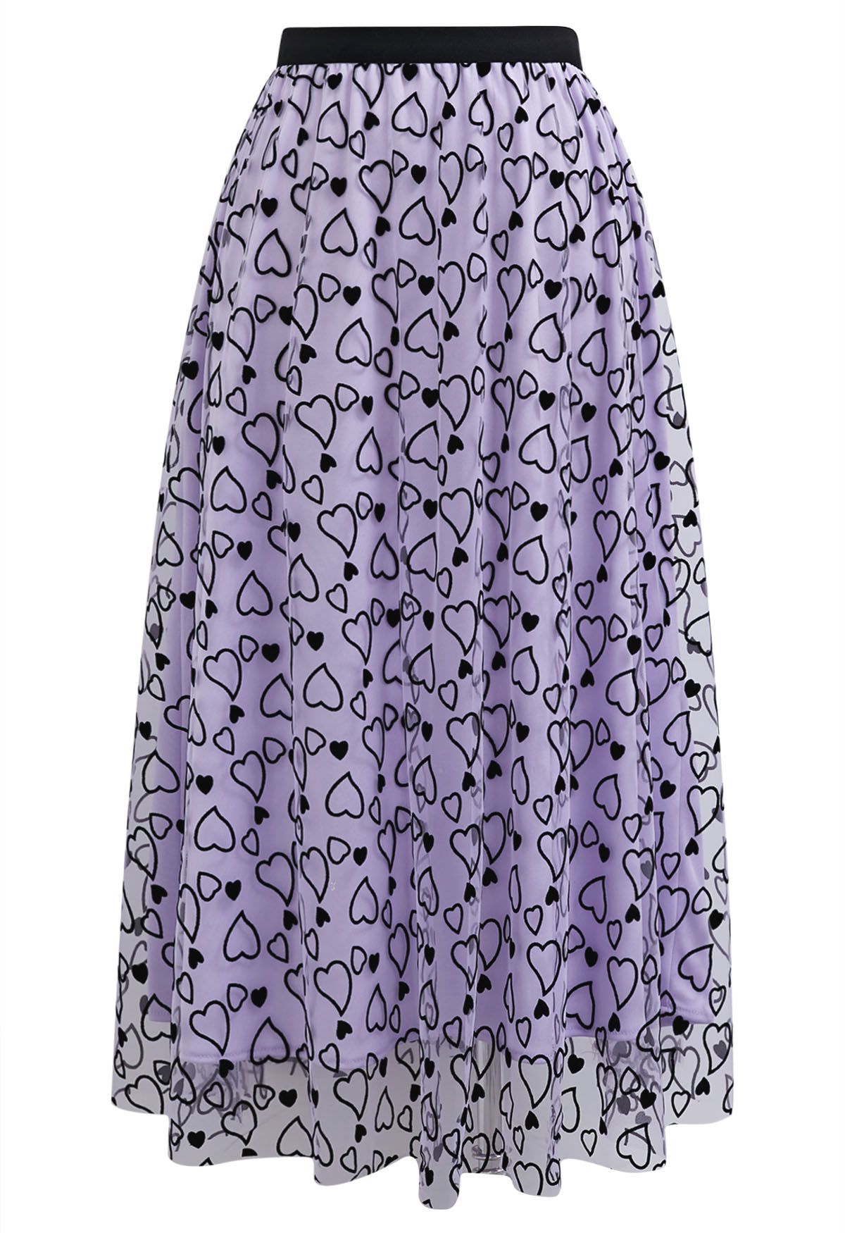 Endearing Velvet Heart Mesh Midi Skirt in Lilac