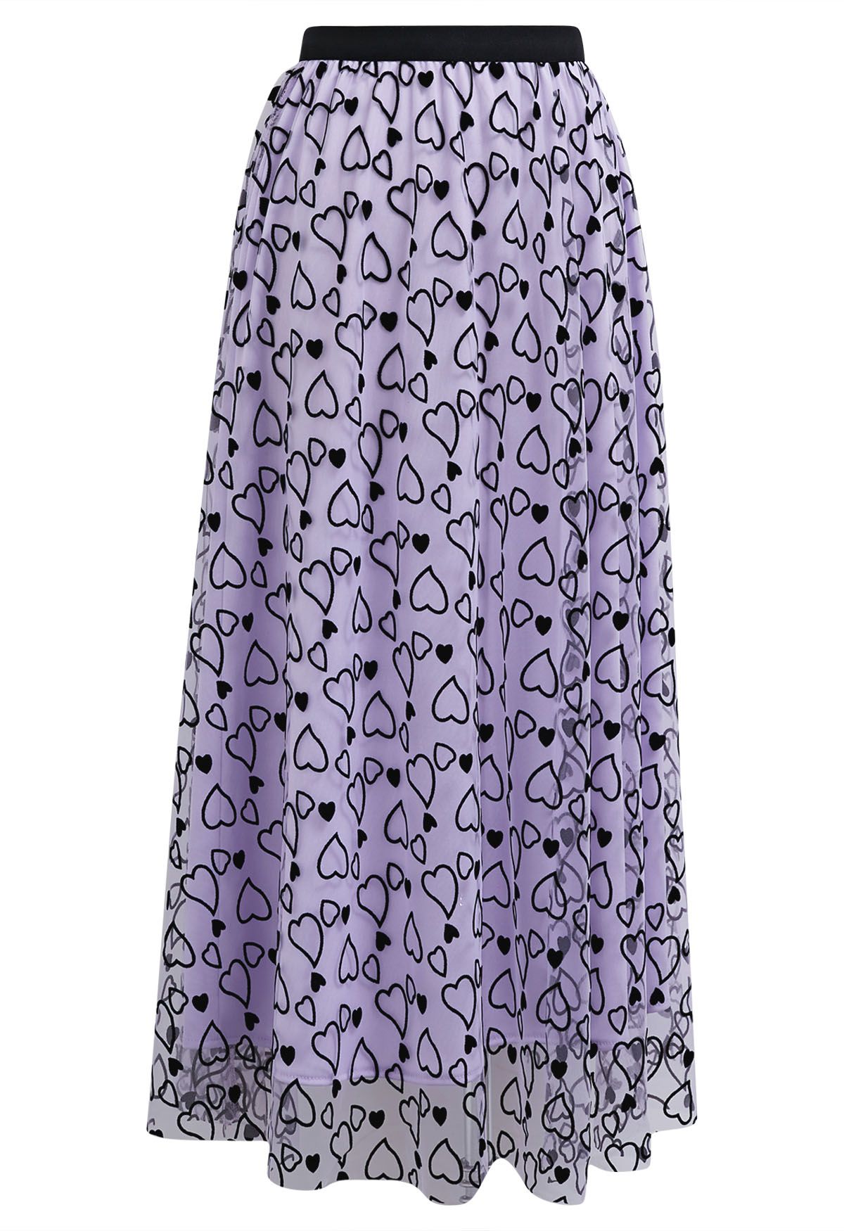 Endearing Velvet Heart Mesh Midi Skirt in Lilac