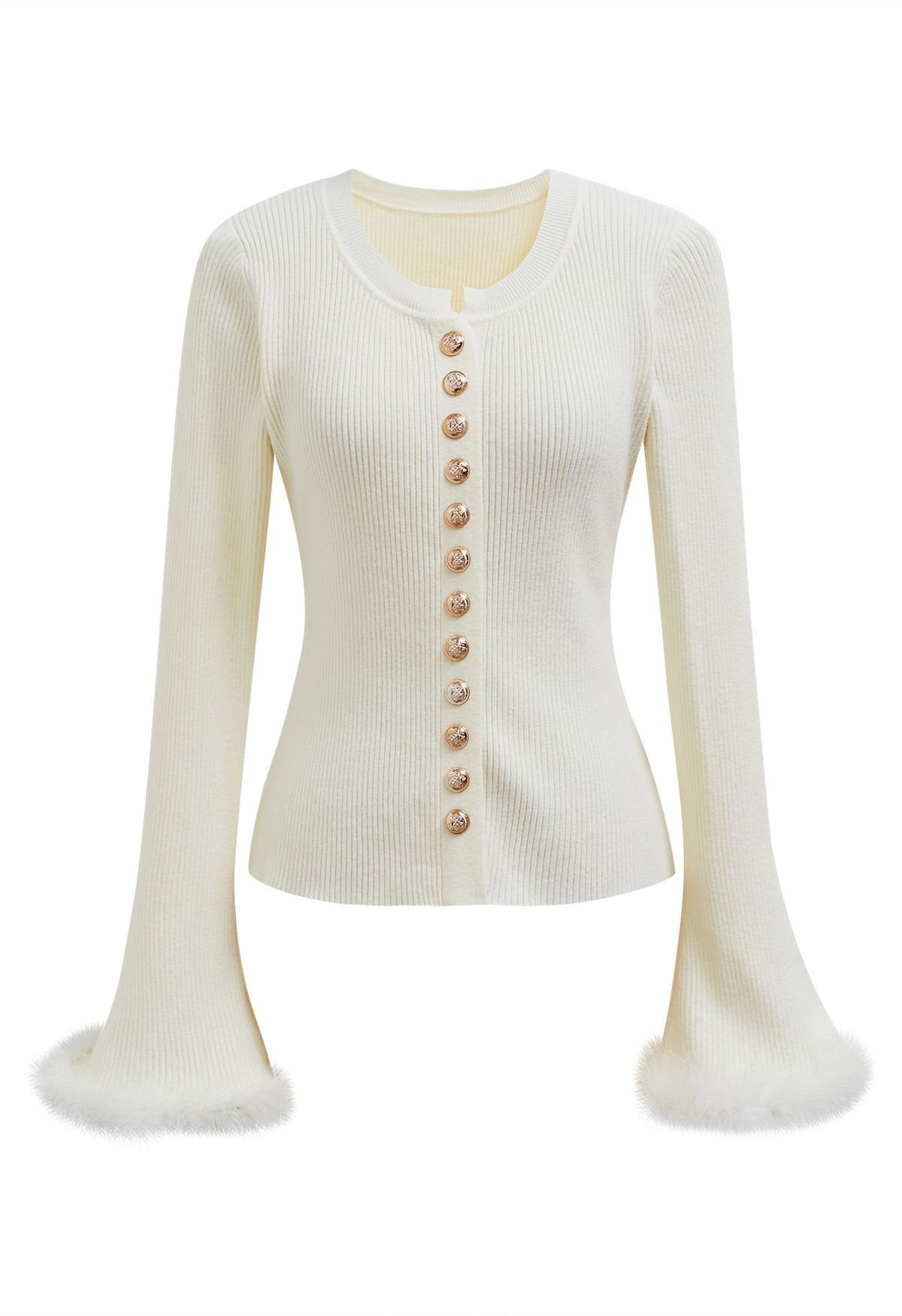 Feather Trim Cuff Golden Button Knit Top in Cream