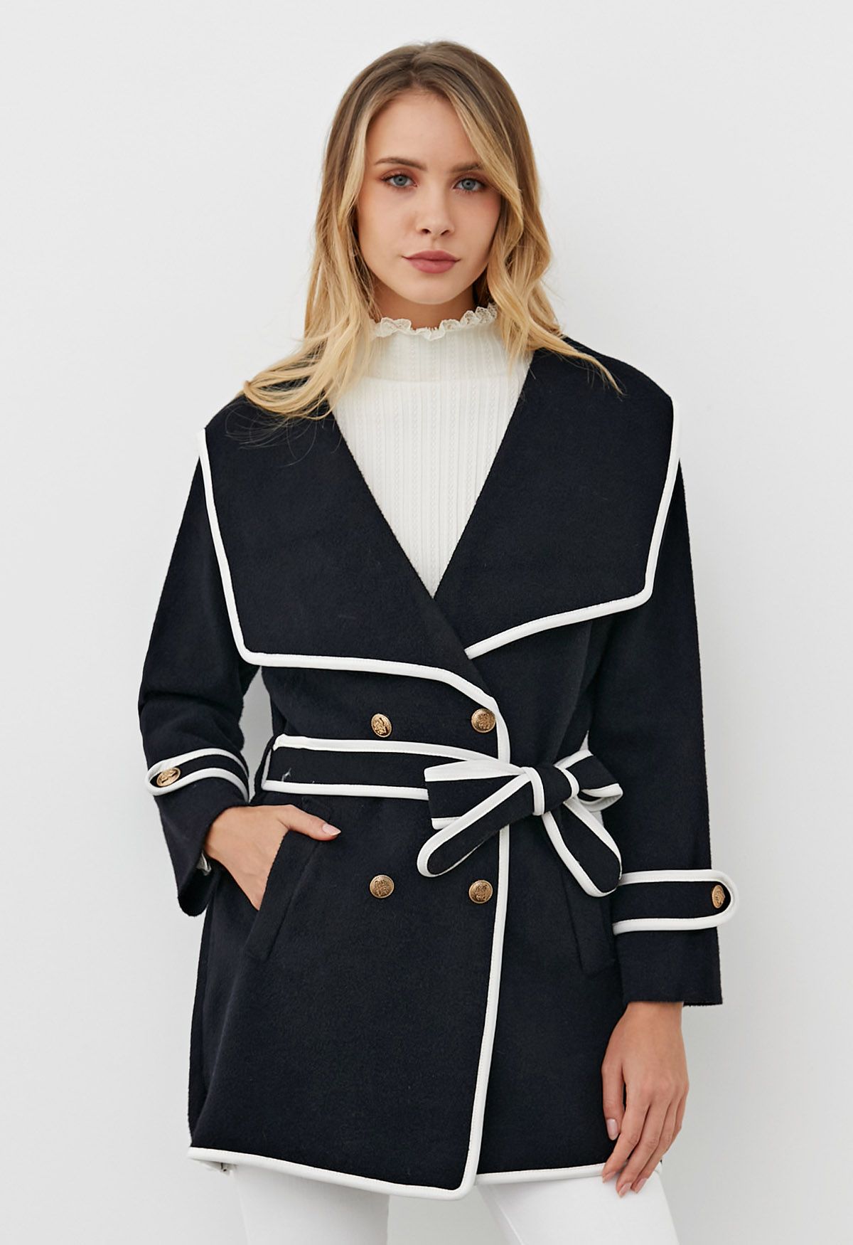 Contrast Edge Wide Lapel Knit Coat