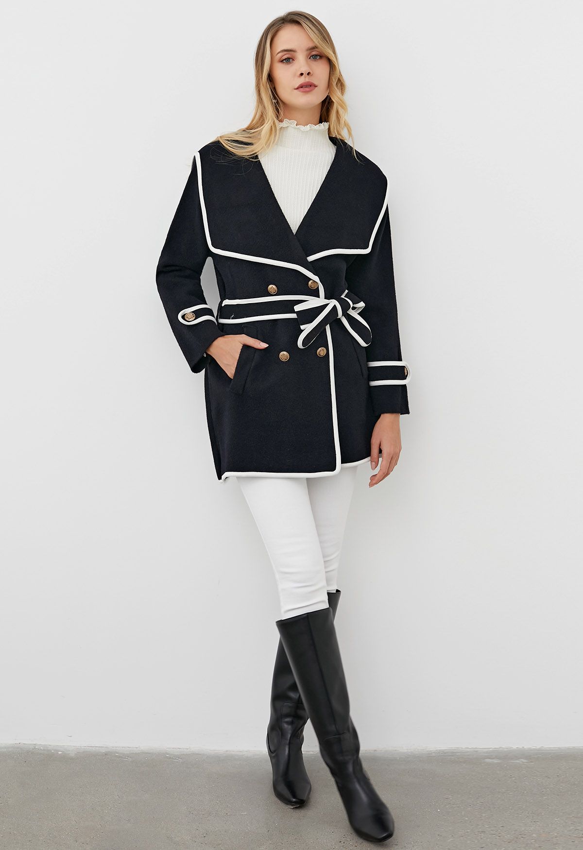 Contrast Edge Wide Lapel Knit Coat