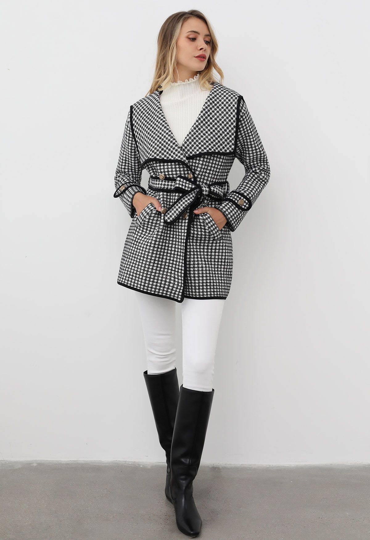 Houndstooth Contrast Edge Wide Lapel Knit Coat