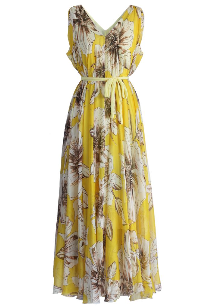 فستان ماكسي شيفون رائع بنقشة الزهور باللون الأصفر