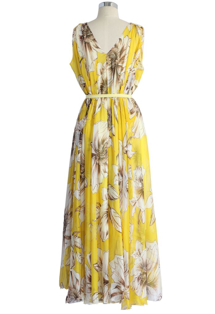 فستان ماكسي شيفون رائع بنقشة الزهور باللون الأصفر