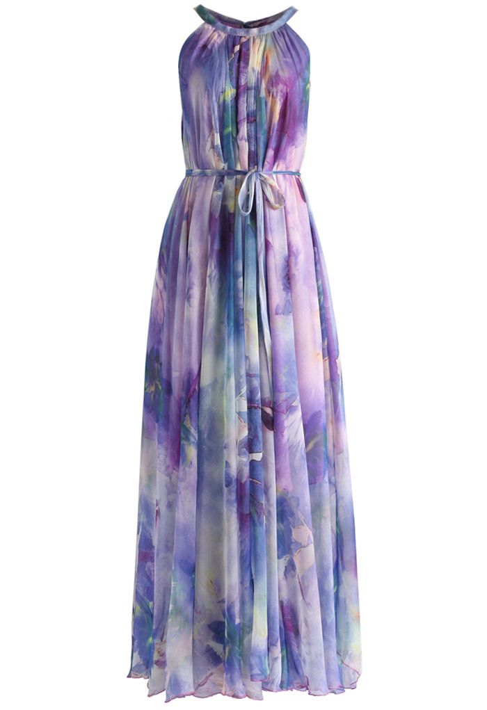 فستان طويل بألوان مائية بنقشة الزهور باللون البنفسجي