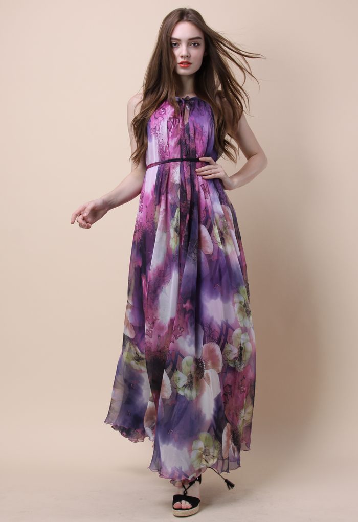 فستان ماكسي مزهّر بنقشة الزهور الأرجواني الغامض