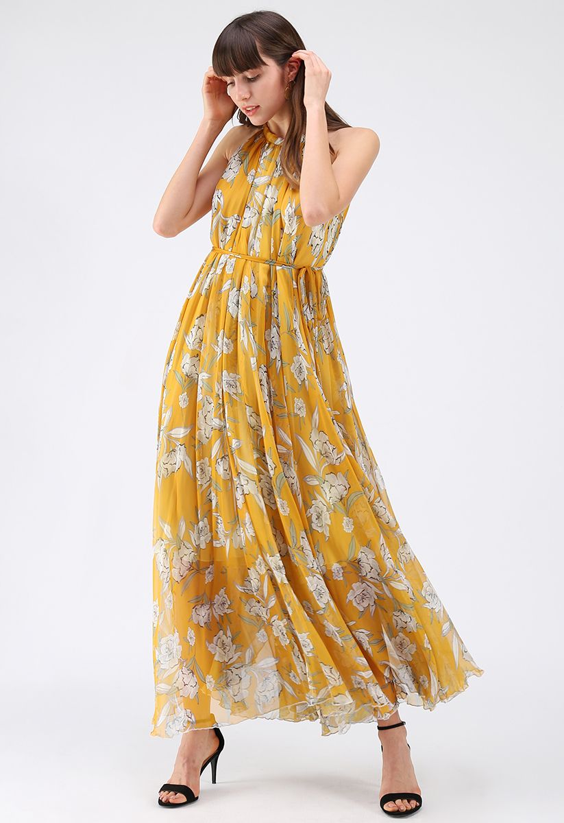 فستان شيفون طويل من Flower Season باللون الأصفر