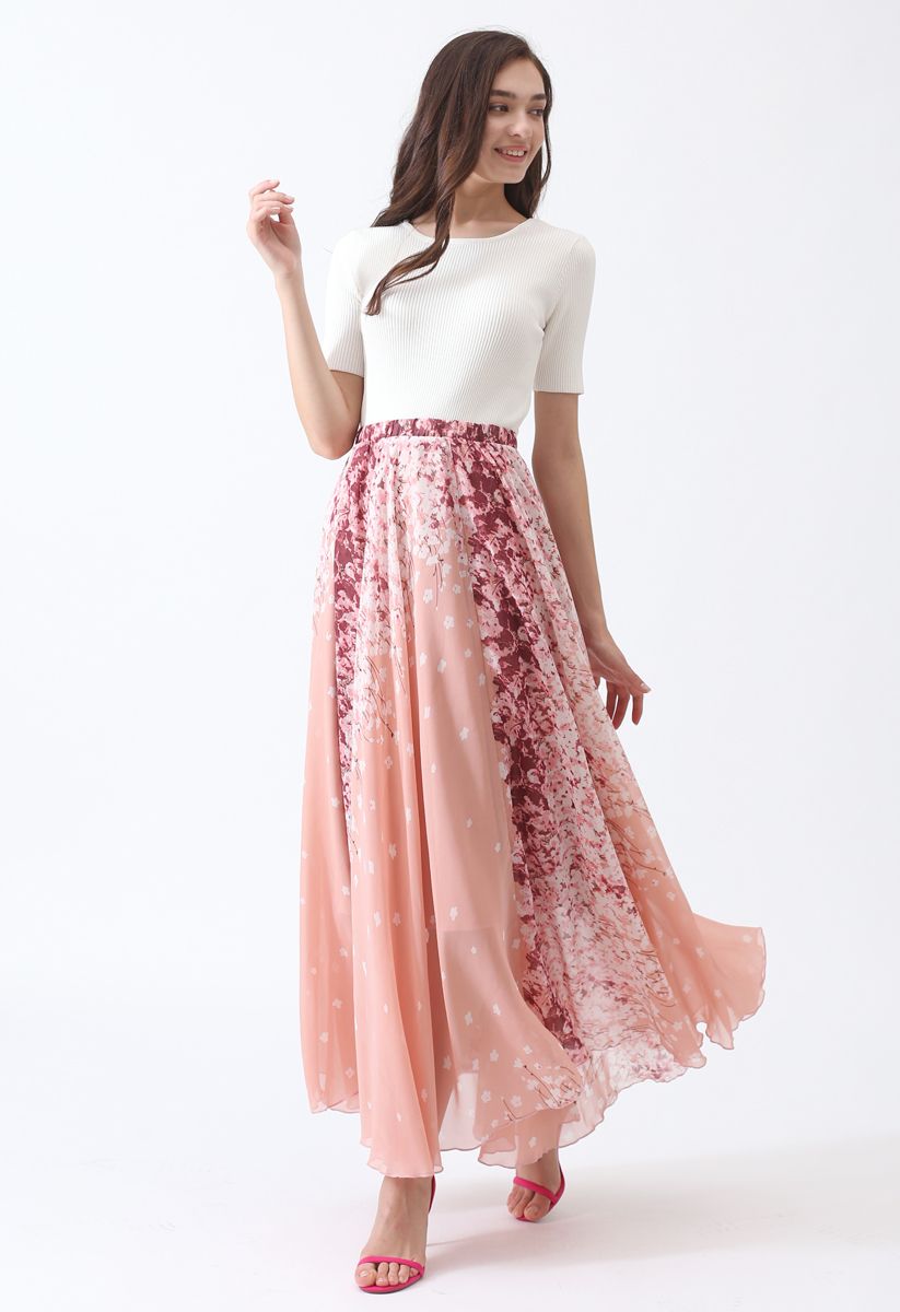 تنورة ماكسي شيفون بألوان مائية بأزهار الكرز