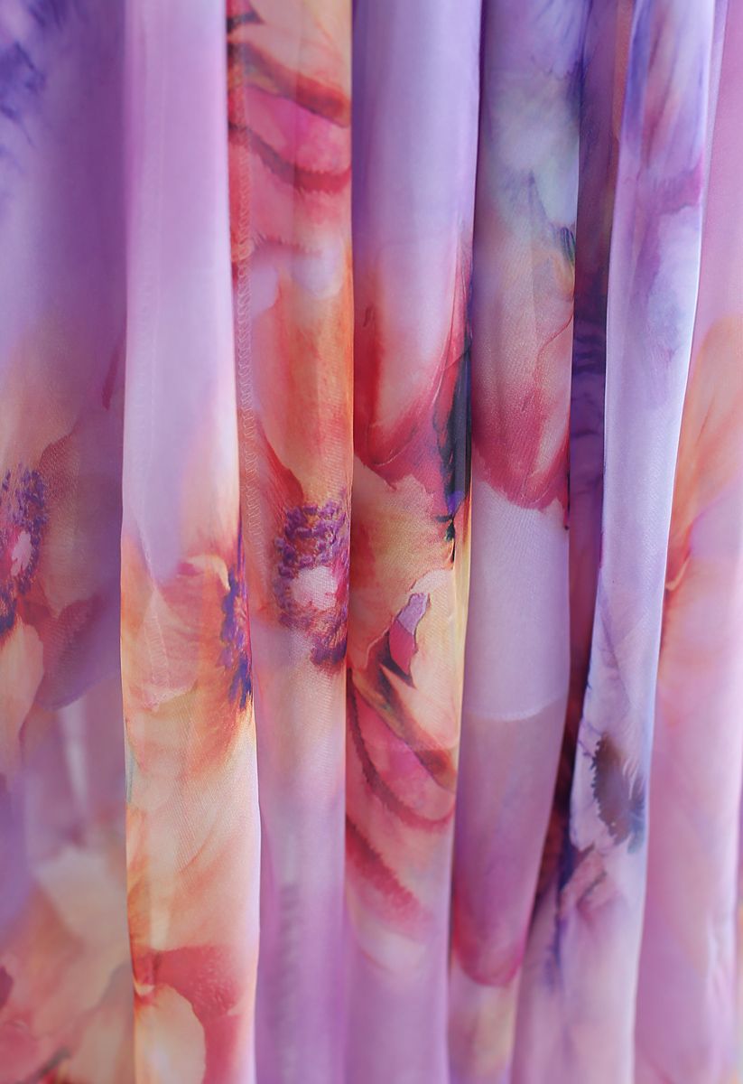 تنورة ماكسي بألوان مائية بأزهار متفتحة باللون البنفسجي