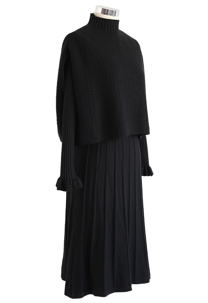 فستان محبوك بطيات بياقة زخرفية باللون الأسود