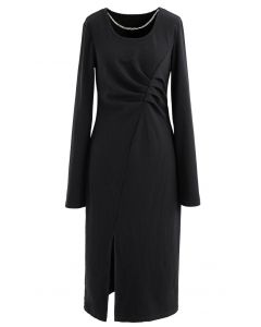 فستان منسوج مكشكش مكشكش بياقة سلسلة باللون الأسود