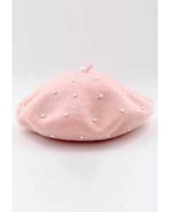 قبعة بيريه مصنوعة يدويًا من الصوف واللؤلؤ باللون الوردي
